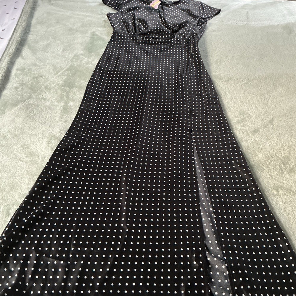 Polka Dot Black Maxi Dress with Front Slit